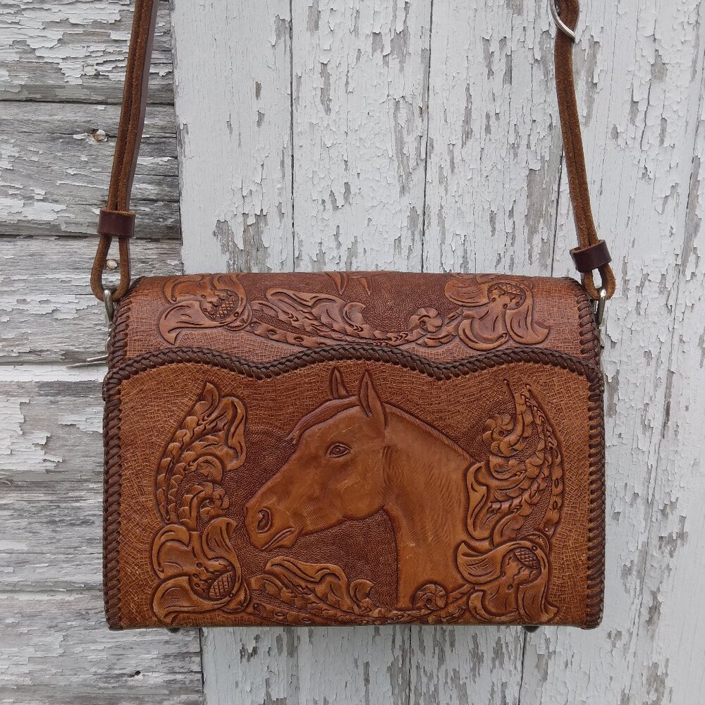Vintage Leather Hand Tooled Western Horse Purse Shoulder Bag